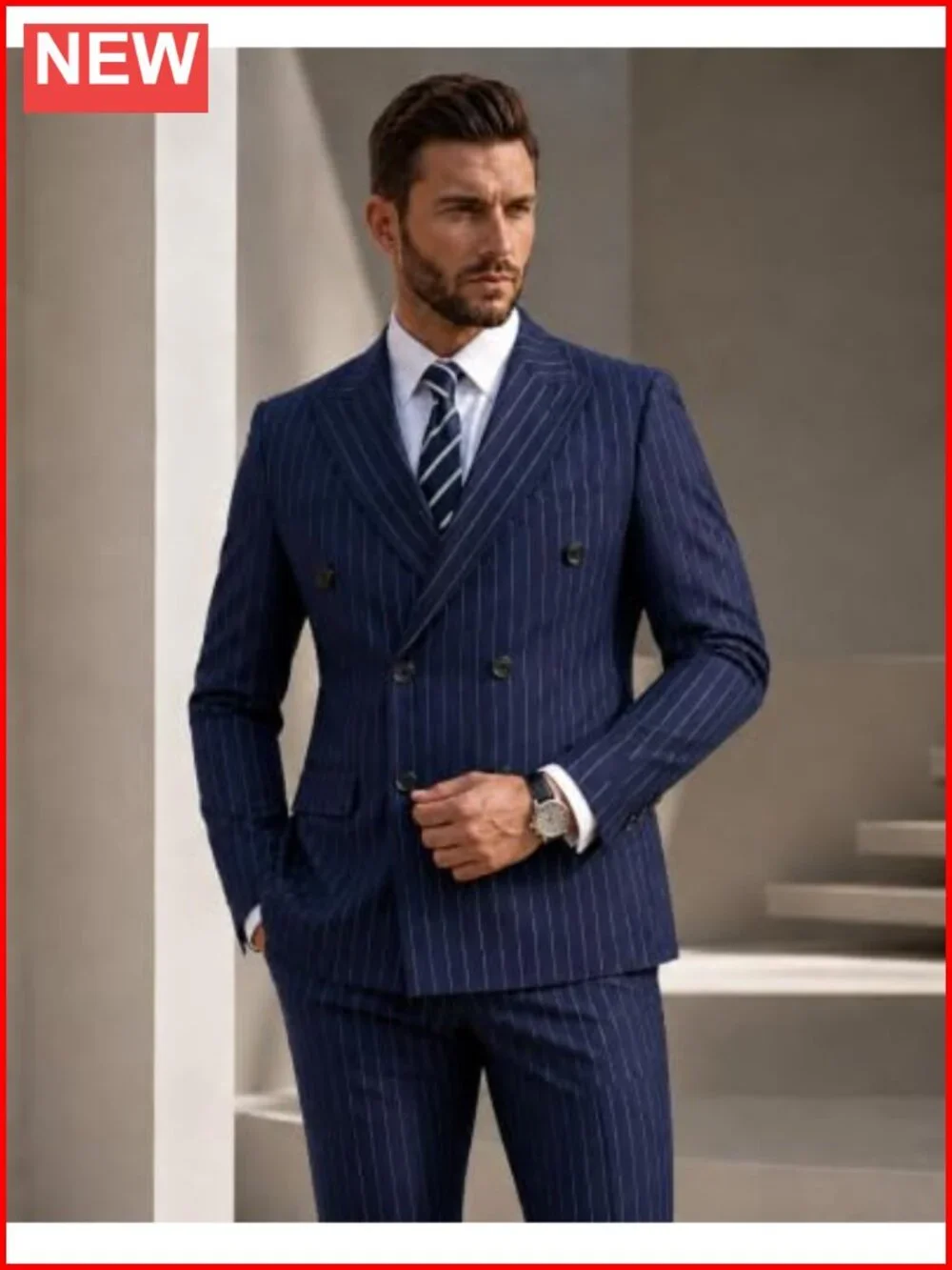 Men's Slim Fit Striped 2 Piece Suit Set Blazer Pants Formal Business
